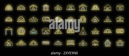 Icone al neon brillanti che rappresentano varie tende da campeggio e rifugi, ideali per illustrare avventure all'aperto, opuscoli di viaggio o siti web correlati al campeggio Illustrazione Vettoriale