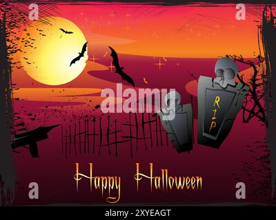 Una carta di Halloween con teschi e pipistrelli. Lo sfondo è arancione e rosso. Il poster dice e intitolato "Happy Halloween" in un solo colore scritto h Illustrazione Vettoriale