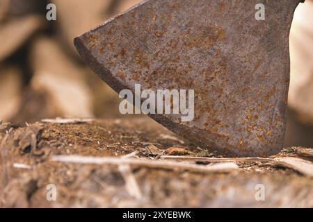 La lama dell'Ax è incastrata in un tronco sullo sfondo della legna da ardere tritata giacente in una pila piatta. Primo piano Foto Stock