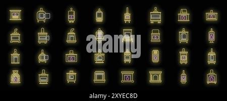 Set di icone al neon che rappresentano diversi caminetti per il riscaldamento domestico, con vari design e stili Illustrazione Vettoriale