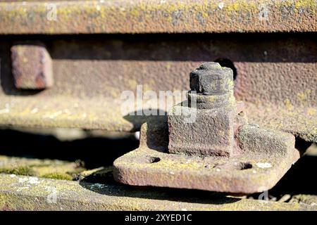 Vecchia vite arrugginita su un binario ferroviario Foto Stock