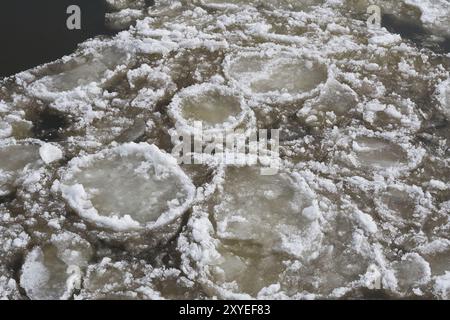 I ghiacci sul fiume Elba vicino a Magdeburgo in una fredda giornata invernale Foto Stock