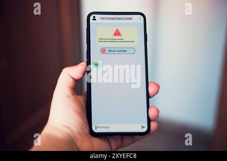 La donna riceve un messaggio sullo smartphone da una sospetta truffa del numero. Chiamata anonima indesiderata. Concetto telefonico di frode e phishing. Messaggio da sconosciuto. Foto Stock