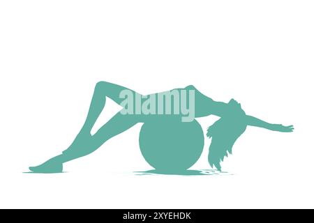 Illustrazione concettuale di una donna con un corpo aderente e sottile che si allunga in equilibrio sulla palla da ginnastica, simbolo blu isolato su sfondo bianco. Fitness e benessere Foto Stock