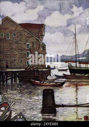 Old Warehouse and Boats, Molde Norvegia dipinto da Nico Jungmann pubblicato nel 1905 Foto Stock