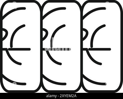 Icona grafica a linee che raffigura tre pneumatici identici per auto con un battistrada distinto, ideale per rappresentare i concetti relativi alla manutenzione automobilistica, alla guida estiva o alla sostituzione degli pneumatici Illustrazione Vettoriale