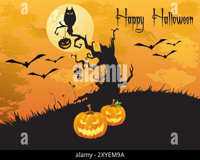 Un poster a tema Halloween con un albero e pipistrelli. L'albero ha le zucche appese ad esso e un gatto è arroccato su di esso Illustrazione Vettoriale