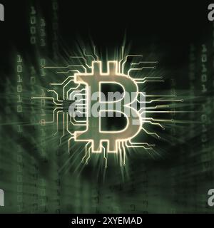 Bitcoin? criptovaluta, simbolo di valuta decentralizzata digitale, illustrazione concettuale di un bitcoin collegato a una rete blockchain in verde matri Foto Stock