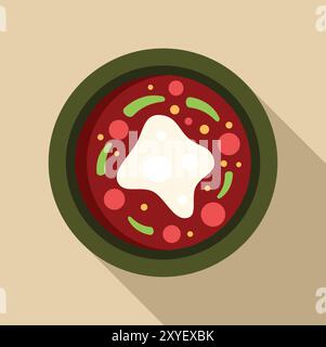 Semplice illustrazione vettoriale di una ciotola calda di zuppa con panna acida ed erbe aromatiche, che rappresenta concetti di cibo e consumo Illustrazione Vettoriale