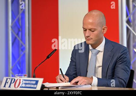 Vienna, Austria. 29 agosto 2024. Conferenza stampa con il procuratore MMag. Dottor Michael Schilchegger. Argomento: "FPÖ presenta la nuova piattaforma di mediazione ORF per un programma migliore" Foto Stock