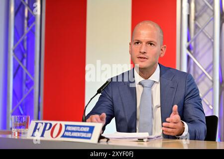 Vienna, Austria. 29 agosto 2024. Conferenza stampa con il procuratore MMag. Dottor Michael Schilchegger. Argomento: "FPÖ presenta la nuova piattaforma di mediazione ORF per un programma migliore" Foto Stock