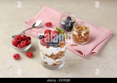 Gustoso yogurt con frutti di bosco freschi, muesli e menta in vetro su un tavolo testurizzato grigio Foto Stock