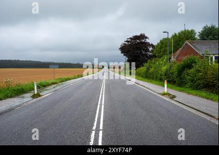 Soesmarke, Lolland, Danimarca, 22 luglio 2024 - strada asfaltata vuota che attraversa la campagna danese Foto Stock