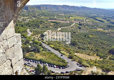 Dal beghinaggio, la vista dell'area circostante: Strada, vigneti e Olvenheine. les Alpilles Foto Stock