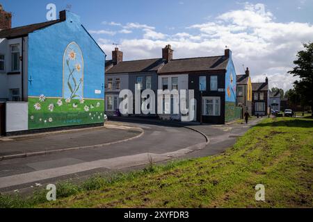 Kirkdale, Liverpool, UK, Flower Street Project 29 agosto 2024. Il progetto Flower Streets è una celebrazione di Kirkdale e dei suoi abitanti, e ha già portato alla realizzazione di nove murales su larga scala sull'estremità delle case, ognuno dei quali rappresenta i fiori omonimi di ogni strada. Le opere d'arte sono una celebrazione della comunità e mirano a ringiovanire l'area, oltre ad affrontare la questione del comportamento antisociale. E ora alla collezione verranno aggiunti altri due pezzi incredibili. L'artista visiva Madeleine Pires, che è stata responsabile di tutto il lavoro fino ad oggi, è tornata a Kirkdale Foto Stock