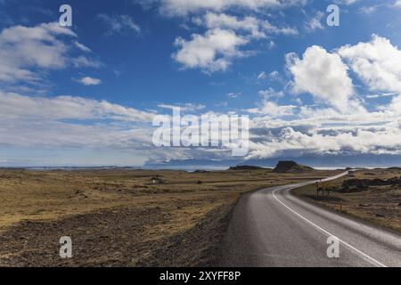 La strada principale che conduce oltre Djupivogur attraverso un paesaggio arido sull'Islanda Foto Stock