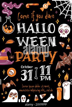 Invito a una spaventosa festa di Halloween. illustrazioni vettoriali nello stile di schizzo. Pozione, teschio, mano zombie, cappello da strega, fantasmi altri personaggi inquietanti. io Illustrazione Vettoriale