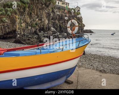 Una piccola barca da pesca colorata con salvagente su una costa rocciosa, Funchal, madeira, portogallo Foto Stock