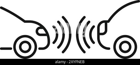 Semplice icona a forma di linea di due vetture che utilizzano sensori per evitare collisioni durante la guida Illustrazione Vettoriale