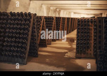 Vino spumante bottiglie in vetro fermentare in cantina Foto Stock