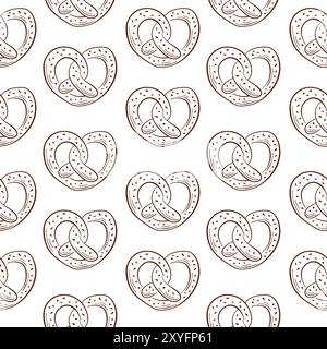 Pretzel senza cuciture in stile line art. Un menu di prodotti da forno a forma di brezel. Illustrazione vettoriale su sfondo bianco. Illustrazione Vettoriale