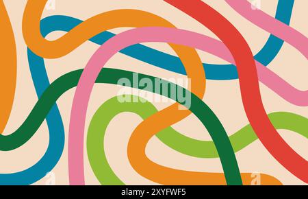 Design astratto con linee colorate disegnate a mano. Semplice sfondo di scarabocchi infantili con elementi luminosi e carini. Divertente motivo minimale Illustrazione Vettoriale