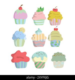 set di immagini dei cupcake con vettore isolato su sfondo bianco Illustrazione Vettoriale