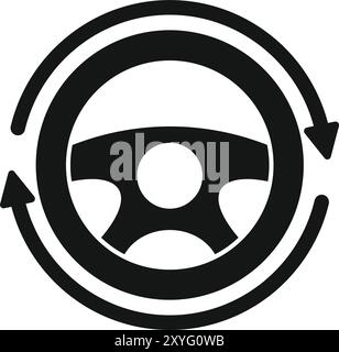 Icona bianca e nera del volante di un'auto circondata da due frecce circolari che ruotano in senso orario Illustrazione Vettoriale