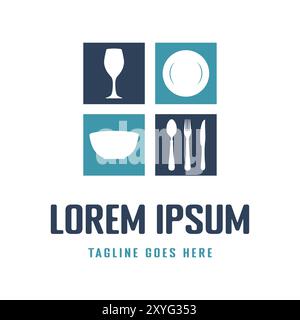 Bottiglia di vino quadrata cucchiaio piatto piatto coltello vetro per cena icona ristorante disegno illustrazione Illustrazione Vettoriale