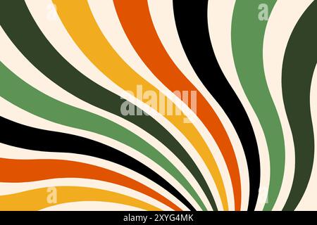 Sfondo astratto retrò con strisce curve in stile gotico anni '60-'70. Strisce a spirale rotanti. Raggi solari ondulati d'epoca colorati Illustrazione Vettoriale