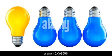 Idea con lampadine, rendering 3D isolato su sfondo bianco Foto Stock