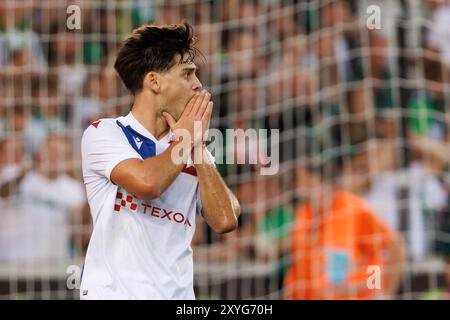 Brugge, Belgio. 29 agosto 2024. Frederico Duarte di Wisla sembra sgretolato durante una partita di calcio tra il belga Cercle Brugge KSV e il polacco Wisla Cracovia, giovedì 29 agosto 2024 a Brugge, la tappa di ritorno dei play-off per la competizione UEFA Conference League. Cercle ha vinto la gara di andata 1-6. BELGA FOTO KURT DESPLENTER credito: Belga News Agency/Alamy Live News Foto Stock