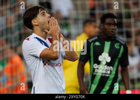 Brugge, Belgio. 29 agosto 2024. Frederico Duarte di Wisla sembra sgretolato durante una partita di calcio tra il belga Cercle Brugge KSV e il polacco Wisla Cracovia, giovedì 29 agosto 2024 a Brugge, la tappa di ritorno dei play-off per la competizione UEFA Conference League. Cercle ha vinto la gara di andata 1-6. BELGA FOTO KURT DESPLENTER credito: Belga News Agency/Alamy Live News Foto Stock