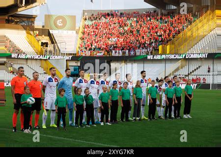 Brugge, Belgio. 29 agosto 2024. I giocatori di Wisla sono stati fotografati in vista di una partita di calcio tra il belga Cercle Brugge KSV e il polacco Wisla Krakow, giovedì 29 agosto 2024 a Brugge, tappa di ritorno dei play-off per la competizione UEFA Conference League. Cercle ha vinto la gara di andata 1-6. BELGA FOTO KURT DESPLENTER credito: Belga News Agency/Alamy Live News Foto Stock