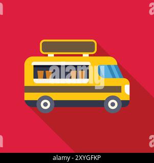 Il camion di cibo giallo offre cibo di strada con un grande cartellone bianco sulla parte superiore Illustrazione Vettoriale