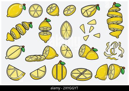 Set di cartoni animati di frutta al limone con fette, metà, taglio e posa diversa. Elementi di design per sfondo, motivo, sfondo, etichetta, sapore, deformazione e pac Illustrazione Vettoriale