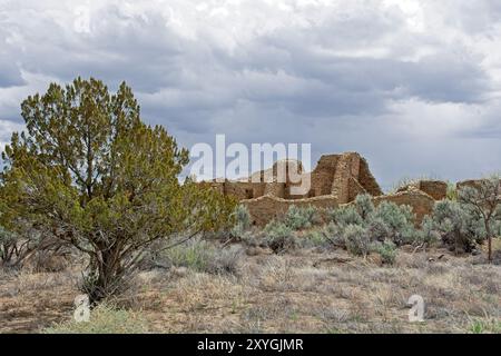 Pareti in muratura di pietra dell'antica grande casa puebla sotto il cielo tempestoso del Monumento Nazionale delle rovine Azteche Foto Stock