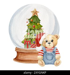 Composizione acquerello di un globo di neve con un albero di Natale decorato e regali all'interno e un orsacchiotto Foto Stock