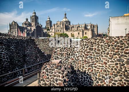 Rovine scavate del Templo Mayor, Sito archeologico di Tenochtitlan, Città del Messico, Messico | CITTÀ DEL MESSICO, Messico — Le rovine scavate del Templo Mayor, il tempio principale della capitale azteca Tenochtitlan, sono visibili in primo piano. Questo importante sito archeologico nel cuore della Città del Messico rivela le sue fasi di costruzione stratificate, fornendo importanti approfondimenti sulle pratiche religiose degli aztechi. Lo sfondo mostra la Cattedrale Metropolitana di Città del Messico, simboleggiando la sovrapposizione coloniale sulla città antica. Il sito espone sculture in pietra, offerte cerimoniali ed elementi architettonici Foto Stock