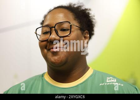 Ritratto di Beatriz Souza, atleta brasiliana di judo, medaglia d'oro ai Giochi Olimpici di Parigi 2024. Ritratto della medaglia alle Olimpiadi di BIA Souza. Foto Stock