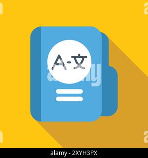 Libro in lingua blu con lettere e geroglifici che rappresentano lo studio delle lingue straniere, l'apprendimento di un nuovo vocabolario Illustrazione Vettoriale