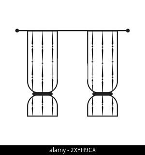 Illustrazione dell'icona della tendina. Contorno nero con tendaggi legati. Design semplice e classico. Elemento decorativo minimalista. Illustrazione Vettoriale