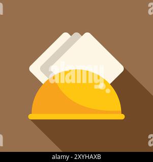 Semplice illustrazione vettoriale di un portatovaglioli giallo con tovaglioli di carta bianca sulla parte superiore, isolato su uno sfondo marrone con una lunga ombra Illustrazione Vettoriale