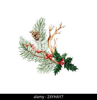 Ramo di abete con aghi e coni verdi, ramo secco, bacche rosse, illustrazione acquerello holly. Piante forestali per decorazioni invernali e natalizie. Isolare Foto Stock