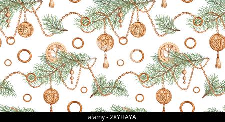 Rami di abete con catene, orologi in oro, palle di Capodanno, anelli con motivo ad acquerello in stile steampunk. Decorazioni vintage per l'inverno Foto Stock