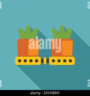 Sistema di nastri trasportatori per il trasporto di due impianti in vaso, che rappresentano l'automazione nell'agricoltura e nella produzione di impianti Illustrazione Vettoriale