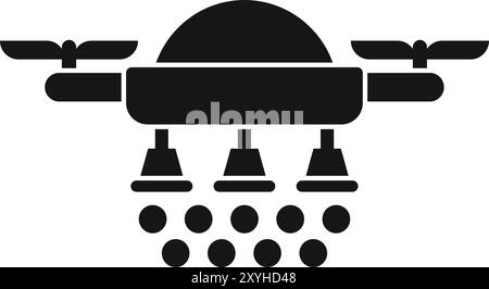 Semplice icona nera di un drone agricolo che spruzza fertilizzante su un campo Illustrazione Vettoriale