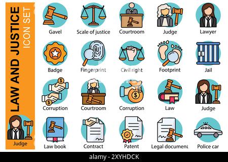 Set icone legge. stile icona contorno colorato. icona relativa alla legge e alla giustizia. scala della giustizia, del giudice, della corruzione e molto altro ancora. illustrazione vettoriale elemento legge Illustrazione Vettoriale