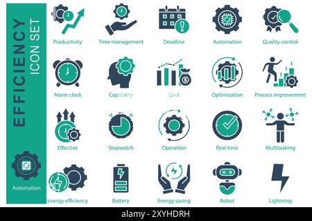 Set di icone efficienza. stile icona a tinta unita. icona relativa al business. produttività, gestione del tempo, capacità e altro ancora. illustrazione vettoriale dell'elemento aziendale Illustrazione Vettoriale