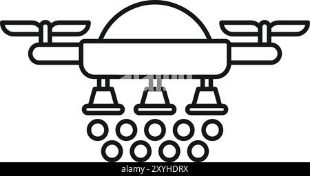 Icona di irrorazione di prodotti chimici per drone agricolo sulla linea del campo agricolo Illustrazione Vettoriale